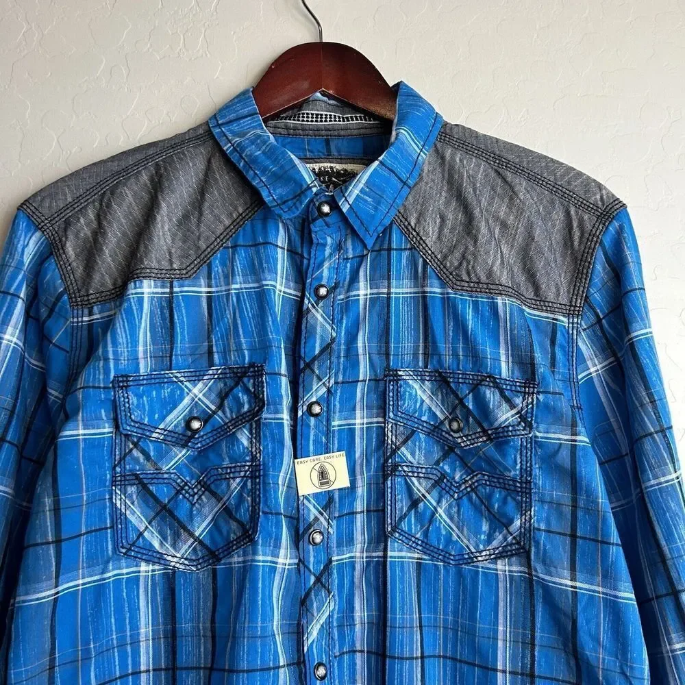 BKE Buckle Vintage Pearl Snap Shirt Men's Large Long Sleeve Plaid Blue 1967 NEW